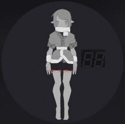  1girl 4qw5 :| arms_at_sides barefoot closed_mouth greyscale highres looking_ahead looking_at_viewer mizuhashi_parsee monochrome pointy_ears sash scarf seven-segment_display shirt short_sleeves skirt solo spot_color standing straight-on tiptoes touhou waist_sash 