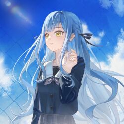  1girl bang_dream! bang_dream!_it's_mygo!!!!! black_ribbon blue_hair blue_shirt blue_skirt chain-link_fence commentary fence hair_ribbon highres hu_pi_xuan_jiao long_hair open_mouth ribbon school_uniform shirt sidelocks skirt solo togawa_sakiko tsukinomori_school_uniform yellow_eyes 