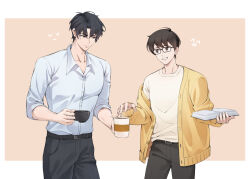  2boys bespectacled black_hair book cardigan collared_shirt commentary cowboy_shot cup dreaming_nozomu glasses grin hand_up holding holding_book holding_cup kim_dokja looking_at_another male_focus multiple_boys omniscient_reader's_viewpoint open_book shirt short_hair smile white_shirt yellow_cardigan yoo_joonghyuk 