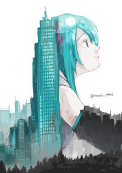  1girl absurdres aqua_hair aqua_trim artist_name building city city_lights cityscape commentary english_commentary from_side giant hatsune_miku highres long_hair looking_to_the_side maaka_4441 outdoors scenery shirt skyline skyscraper sleeveless sleeveless_shirt smile solo sun twintails very_long_hair vocaloid white_background 