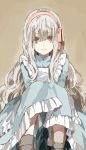  1girl apron blank_eyes dress grey_hair hair_ornament hair_ribbon hairband kagerou_project long_hair looking_at_viewer mary_(kagerou_project) red_eyes ribbon sigmasmail smile solo white_hair 