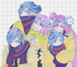  1boy 1girl aqua_eyes aqua_hair blue_eyes blue_hair blue_mittens blue_scarf bow-shaped_hair character_hair_ornament chibi chibi_inset criss-cross_halter fake_hair_bun fluffy grusha_(pokemon) hair_ornament halter_shirt halterneck hetero highres iono_(pokemon) jacket koto-sensei long_hair long_sleeves mittens multicolored_hair oversized_clothes pink_hair pokemon pokemon_scarlet_and_violet scarf scarf_over_mouth sharp_teeth sleeves_past_fingers sleeves_past_wrists split-color_hair striped_clothes striped_scarf teeth two-tone_scarf yellow_jacket 