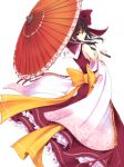  1girl bow brown_hair cherry_blossoms detached_sleeves floral_print frills hair_bow hair_tubes hakurei_reimu looking_at_viewer looking_over_shoulder midriff oriental_umbrella parted_lips red_eyes ribbon short_hair simple_background skirt skirt_set solo touhou umbrella unatimuna white_background 