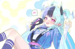  1girl achichi_mela aqua_hair black_hair black_mask blue_happi blush bon_(bony_53) commentary eye_mask gradient_horns hair_ornament happi highres holding holding_mask hololive horns japanese_clothes long_hair looking_at_viewer mask multicolored_horns pink_eyes purple_hair sharp_teeth socks solo spoken_blush tassel tassel_hair_ornament teeth two_side_up unworn_mask virtual_youtuber 