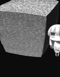  1girl black_background chibi cube english_text greyscale hado_fun highres jitome long_hair monochrome no_nose original simple_background skirt solid_eyes spot_color standing 