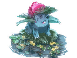  animal_focus bud claws closed_mouth commentary_request fangs flower full_body fusenryo ivysaur leaf lily_pad lotus no_humans nostrils one-hour_drawing_challenge plant pokemon pokemon_(creature) red_eyes solo water white_background yellow_flower 