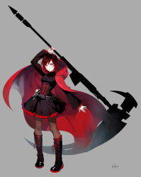  1girl ammunition_belt arm_up black_boots black_dress blush boots breasts brown_pantyhose bullet cape commentary concept_art corset crescent_rose dress ein_lee english_commentary eyelashes full_body grey_background grey_eyes highres holding holding_scythe hood hood_down hooded_cape huge_weapon long_sleeves official_art pantyhose red_cape red_hair ruby_rose rwby scythe short_hair signature simple_background solo standing third-party_source weapon 