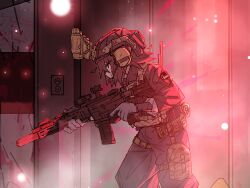  1girl absurdres ar-15 baggy_clothes blood blood_on_wall brown_hair bulletproof_vest combat_helmet commentary_request danmug58 elevator_door escape_from_tarkov gloves gun headphones helmet highres holding holding_gun holding_weapon low_ready_stance m-lok_rail magazine_(weapon) microphone military military_patch night_vision_device radio_antenna red_dot_sight red_light rifle short_hair sleeves_rolled_up solo solo_focus suppressor tactical_clothes tactical_gloves weapon 