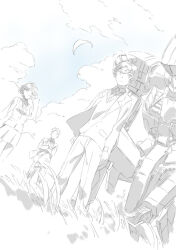  1girl 2boys aldnoah.zero amifumi_inko blazer calm_craftman commentary crossed_arms expressionless grass greyscale_with_colored_background hand_in_own_hair jacket kaizuka_inaho kataphrakt_(aldnoah.zero) kg-6_sleipnir multiple_boys necktie outdoors pants pleated_skirt school_uniform short_hair skirt sweater_vest werkbau wind 