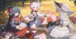  3girls absurdres ankle_socks apple autumn_leaves beret black_dress black_hair black_hat black_pantyhose black_shirt blue_eyes book book_on_lap bottle bow bowtie carpet character_request collared_shirt coria cup dress eye_contact flower food frilled_socks frills fruit grass hair_flower hair_ornament hat highres holding holding_bottle holding_cup holding_food holding_fruit leaf long_hair long_sidelocks looking_at_another mahou_shoujo_no_majo_saiban multicolored_eyes multicolored_hair multiple_girls on_ground one_eye_closed open_book open_mouth outdoors pantyhose picnic picnic_basket pink_eyes pink_hair plaid_clothes plaid_dress red_bow red_bowtie red_dress red_eyes red_flower shirt sidelocks sitting smile socks two-tone_eyes two-tone_hair white_dress white_hair white_socks yokozuwari 