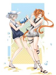  2girls ^_^ absurdres ascot bare_arms black_bow black_bowtie black_sailor_collar black_sandals blue_background blue_bow blue_one-piece_swimsuit bow bowtie chinese_commentary closed_eyes commentary_request gradient_background green_eyes grey_hair grey_hairband grin hair_bun hairband hands_up happy hat hat_bow highres holding holding_water_gun knees_together_feet_apart leg_up long_hair multiple_girls official_alternate_costume one-piece_swimsuit one_eye_closed open_mouth orange_hair reverse:1999 sailor_collar sailor_one-piece_swimsuit sandals short_hair single_side_bun smile sonetto_(reverse:1999) sparkle standing standing_on_one_leg sun_hat swimsuit twintails vertin_(reverse:1999) water_drop water_fight water_gun white_ascot white_hat white_one-piece_swimsuit white_sandals yellow_background yumiao_qingjian 