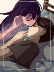  1boy 1girl bed black_hair brother_and_sister highres kiss kissing_forehead mari_(faraway)_(omori) mari_(omori) omori pillow shirt siblings sleeping smile sunny_(omori) user_kdtu5444 