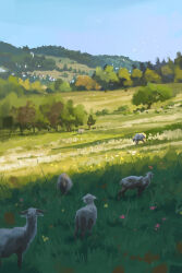  animal blue_sky clear_sky commentary day english_commentary flock grazing_(livestock) highres hill landscape max_asabin meadow no_humans original outdoors scenery sheep sky tree 