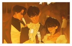  1girl 2boys black_hair bob_cut cccoorou champagne_coupe cup curtained_hair dress drinking_glass formal_clothes han_sooyoung highres holding holding_cup kim_dokja multiple_boys omniscient_reader's_viewpoint short_hair upper_body vest yoo_joonghyuk 