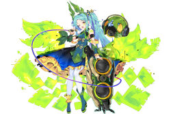  1girl aqua_hair asymmetrical_footwear bare_shoulders blue_dress character_request copyright_request dress facial_mark fang full_body green_nails highres long_hair looking_at_viewer microphone one_eye_closed open_mouth pantyhose side_ponytail skin_fang sleeveless sleeveless_dress solo speaker very_long_hair white_pantyhose yellow_eyes zhu_fun 