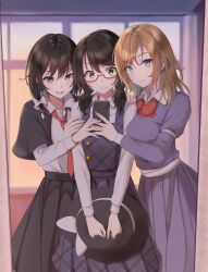 3girls black_hat black_skirt blonde_hair blue_eyes bow bowtie breasts brown_eyes brown_hair capelet cellphone collared_shirt commentary_request dream-space_occult_class_(touhou) dress fumei_(mugendai) girl_sandwich glasses hair_bow hat hat_bow highres long_sleeves looking_at_viewer loose_necktie low_twintails maribel_hearn multiple_girls necktie phone plaid_clothes plaid_skirt plaid_vest purple_dress red-framed_eyewear red_bow red_bowtie red_necktie sandwiched semi-rimless_eyewear shirt shirt_tucked_in skirt smartphone smile tie_clip touhou twintails under-rim_eyewear unworn_hat unworn_headwear usami_renko usami_sumireko v_arms vest white_shirt 