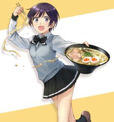  1girl :d arm_up black_bow black_bowtie black_skirt black_socks blue_eyes blue_hair blue_sweater_vest bow bowl bowtie breasts brown_shoes chopsticks collared_shirt commentary_request dress_shirt food hand_up holding holding_bowl holding_chopsticks loafers long_sleeves looking_at_viewer miniskirt noodles oosawa_yuu open_collar pleated_skirt ramen ramen_daisuki_koizumi-san school_uniform shirt shoes short_hair simple_background skirt small_breasts smile socks somechime_(sometime1209) standing standing_on_one_leg striped_clothes sweater_vest swept_bangs tomboy white_shirt wide-eyed winter_uniform 