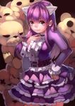  1girl annie_hastur dress highres league_of_legends liulu long_hair pink_eyes pink_hair smile stuffed_animal stuffed_toy teddy_bear tibbers 