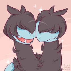  2020 artist_name black_fur blue_fur commentary covered_eyes cyberstarlope english_commentary fangs multiple_heads no_humans open_mouth pink_background pokemon pokemon_(creature) signature simple_background solo sparkle two-tone_fur upper_body zweilous 