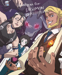  1girl 2boys beard black_hair blonde_hair blue_eyes collared_shirt commentary_request dark-skinned_male dark_skin demon digimon digimon_beatbreak facial_hair fangs futa_yuri_ryona goat goat_horns heart horns kagemori_miharu klay_arslan kuroshio_souji mephismon monster multicolored_hair multiple_boys open_mouth red_eyes shirt smile tongue tongue_out two-tone_hair vest white_hair white_shirt 