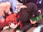  2girls all_fours animal_ears bare_legs blush bow braid cat_ears cat_tail checkered checkered_floor dress extra_ears hair_bow highres kaenbyou_rin komeiji_satori long_hair long_sleeves lzh multiple_girls multiple_tails pointy_ears red_eyes redhead slippers smile tail touhou twin_braids white_legwear 
