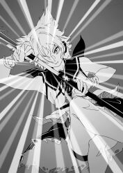  1girl absurdres commentary crossed_legs dutch_angle feet_out_of_frame glowing grey_hair hair_over_one_eye highres holding holding_sword holding_weapon looking_ahead ma_(22mabo) pointy_hair sheath shirt short_hair skirt sleeveless sleeveless_shirt sword touhou toyosatomimi_no_miko unsheathing untranslatable_commentary weapon 
