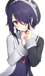  1girl aogiri_koukou asymmetrical_bangs beret black_coat black_hat blue_dress blue_hair blush closed_mouth coat commentary crescent crescent_hat_ornament dress hair_over_one_eye hand_on_own_cheek hand_on_own_face hat hat_ornament head_tilt highres long_bangs looking_at_viewer multicolored_coat otodama_tamako otodama_tamako_(1st_costume) pleated_dress purple_hair red_eyes sailor_collar sailor_dress short_hair simple_background smile solo split-color_clothes taachika upper_body virtual_youtuber white_background white_coat white_sailor_collar 
