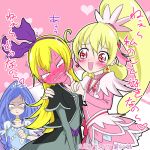  3girls aida_mana anger_vein angry blonde_hair blue_hair blush bow choker cropped_jacket cure_diamond cure_heart dokidoki!_precure dress earrings finger_to_face full-face_blush hair_bow heart hishikawa_rikka jealous jewelry long_hair magical_girl multiple_girls pink_eyes ponytail precure regina_(dokidoki!_precure) smile tears translated yoshimune 