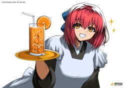  absurdres apron arm_support blue_bow bow brown_kimono commission dooruser1 drinking_straw food fruit grin highres holding holding_tray ice ice_cube japanese_clothes juice kimono kohaku_(tsukihime) looking_at_viewer maid maid_apron orange_(fruit) orange_juice orange_slice red_hair short_hair simple_background smile solo sparkle tray tsukihime upper_body vgen_commission vgen_logo vgen_username wa_maid white_background yellow_eyes 