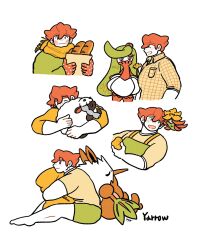  1boy 4others apron bag barefoot blush character_name closed_eyes closed_mouth commentary facing_another flower freckles from_side front_hook gossifleur highres hug looking_at_another milo_(pokemon) multiple_others multiple_views open_mouth paper_bag pillow pokemon pokemon_(creature) pokemon_sword_and_shield profile scarf shiftry smile tsareena untranslatable_commentary white_background wooloo 
