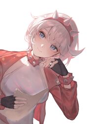  1girl absurdres armlet black_gloves blue_eyes breasts collar dress elphelt_valentine eyeliner fingerless_gloves gloves guilty_gear guilty_gear_strive headband highres holding holding_paper jacket jewelry light_smile linkr makeup medium_breasts nose paper pink_eyeliner pink_jacket short_hair simple_background smile solo spiked_armlet spiked_collar spiked_headband spikes swept_bangs white_background white_dress white_hair 
