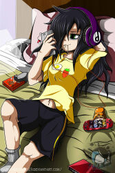  2girls absurdres arm_behind_head artist_logo bags_under_eyes black_hair black_shorts blonde_hair breasts cellphone charm_(object) dated deviantart_username doma_umaru food food_in_mouth food_print foot_out_of_frame fried_egg_print fruit_print green_eyes hair_over_one_eye hamster_hood handheld_game_console headphones highres himouto!_umaru-chan holding holding_phone komaru_(himouto!_umaru-chan) kuroki_tomoko logo looking_at_phone medium_breasts messy_hair mojyo multiple_girls navel on_bed phone pillow pocky pocky_box pocky_in_mouth poke_ball poke_ball_charm pokemon rwby shirt shorts skullzlatte socks strawberry_print watashi_ga_motenai_no_wa_dou_kangaetemo_omaera_ga_warui! web_address white_socks yellow_shirt 