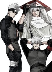  1boy arms_behind_head bandaged_leg bandages fingerless_gloves forehead_protector gloves hand_in_pocket hatake_kakashi highres hokage konohagakure_symbol korean_text male_focus mole mole_under_mouth naruto:_the_last naruto_(series) pants scar scar_across_eye scar_on_face short_hair simple_background sso_s translation_request white_background white_hair 