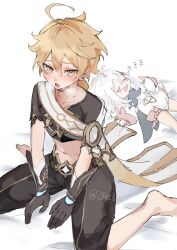  1boy 1girl absurdres aether_(genshin_impact) ahoge arm_guards artist_name baggy_pants barefoot belt bite_mark bite_mark_on_neck black_gloves black_pants black_scarf black_shirt blonde_hair blush braid closed_eyes collarbone drooling feet_out_of_frame four-pointed_star full_body genshin_impact gloves hair_between_eyes hair_ornament half-closed_eyes halo heavy_breathing hickey highres long_hair long_sleeves looking_at_viewer low-braided_long_hair low-tied_long_hair lying male_focus mechanical_halo midriff navel nihon_no_hentai on_back on_bed open_mouth paimon_(genshin_impact) pants pink_halo puffy_long_sleeves puffy_sleeves romper scarf shirt short_hair short_sleeves sidelocks simple_background single_braid sitting sleeping smile solo_focus star_(symbol) star_hair_ornament tongue wariza white_background white_belt white_hair white_romper white_scarf yellow_eyes zzz 