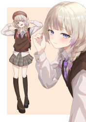  1girl absurdres alternate_costume alternate_hairstyle beret boots braid brown_boots brown_hat brown_sweater_vest collared_shirt commentary_request full_body grey_skirt hat highres hololive hololive_dev_is long_hair looking_at_viewer multicolored_hair multiple_views nail_polish necktie plaid_clothes plaid_skirt purple_hair purple_necktie sawari_66 shirt skirt solo streaked_hair sweater_vest todoroki_hajime twin_braids violet_eyes virtual_youtuber white_shirt 