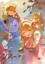  1boy 2girls alternate_costume blonde_hair braid commentary_request family flower food granblue_fantasy hair_flower hair_ornament hand_on_own_hip highres horns japanese_clothes jherion_stroud kimono kine leaf long_hair mallet maminas_stroud minamint_stroud mochi mother_and_child mother_and_daughter mother_and_son multiple_girls official_alternate_costume one_eye_closed open_mouth parent_and_child red_eyes single_horn smile twin_braids 