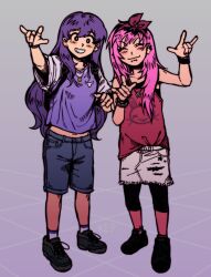  2girls aubrey_(faraway)_(omori) aubrey_(omori) black_hair bow commentary denim denim_shorts english_commentary grin hair_bow highres mari_(faraway)_(omori) mari_(omori) multiple_girls omori pink_hair reptacular shoes shorts smile sneakers socks tank_top 
