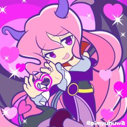  1girl black_shoes black_wings commentary_request demon_girl demon_horns demon_wings detached_sleeves foot_out_of_frame four-finger_heart_hands frilled_sleeves frills heart heart_hands high_heels horns long_hair looking_at_viewer official_style open_mouth pantyhose pimyuhuwa pink_background pink_hair purple_horns purple_pantyhose purple_skirt purple_sleeves puyopuyo puyopuyo_quest raised_inner_eyebrows shirt shoes side_slit skirt smile solo sparkle standing standing_on_one_leg strapless succubus_(puyopuyo) tube_top twitter_username very_long_hair violet_eyes white_shirt wings 