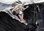  1girl black_panties blonde_hair elbow_gloves gloves hairband highres kantai_collection long_hair navel nogami_takeshi open_mouth panties personification rensouhou-chan shimakaze_(kantai_collection) skirt smile solo striped striped_legwear surfing thighhighs underwear water white_gloves 