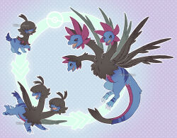  absurdres artist_name black_fur black_sclera blue_fur claws colored_sclera commentary covered_eyes deino_(pokemon) english_commentary evolutionary_line fangs highres hydreigon multiple_heads no_humans poke_ball_symbol pokemon pokemon_(creature) tail two-tone_fur watermark willicelettuce zweilous 
