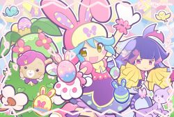  1boy 2girls animal animal_ear_headwear animal_ears animal_hands antenna_hair arm_up bear_ears bear_girl bird bird_nest blue_bird blue_hair bow bowtie brown_eyes bug bush butterfly cat cheerleader commentary_request dress easter easter_egg egg flower furry furry_female gloves grey_cat hair_ornament hairclip hat hat_with_ears heart holding holding_egg holding_pom_poms leaf leafle_(puyopuyo) long_hair looking_at_viewer multicolored_dress multiple_girls nest notice_lines official_alternate_costume official_style open_mouth outstretched_arm parted_lips paw_gloves pimyuhuwa pink_butterfly pink_dress pink_eyes pink_flower pink_gloves pink_hair pink_hat pom_pom_(cheerleading) puffy_short_sleeves puffy_sleeves purple_bow purple_bowtie purple_dress purple_hair purple_vest puyopuyo puyopuyo_quest rabbit_ear_headwear ruda_(giggly)_(puyopuyo) ruda_(puyopuyo) short_hair short_sleeves sid_(puyopuyo) smile swirl_on_cheek trap twitter_username ushanka vest white_flower yellow_bird yellow_bow yellow_bowtie 