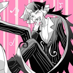  1boy amduscias_poro beamed_eighth_notes black_nails commentary_request dotted_half_note hand_up highres horns long_hair looking_at_viewer mairimashita!_iruma-kun mitsugu_(mitu3293) monochrome musical_note pectoral_cleavage pectorals pink_background ponytail shoes single_horn striped_pats very_long_hair vest 