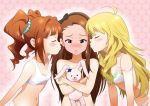  3girls ahoge blonde_hair blush bra brown_hair closed_eyes hair_ribbon hoshii_miki idolmaster kiss lingerie midriff minase_iori multiple_girls navel off_shoulder open_mouth orange_hair panties puckered_lips red_eyes ribbon stuffed_animal stuffed_bunny stuffed_toy sunsun69 takatsuki_yayoi underwear yuri 