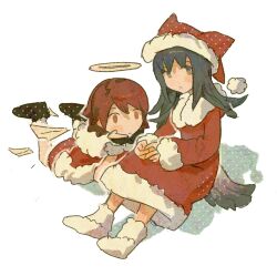 2girls arknights brown_eyes capelet chinese_commentary commentary_request dress exusiai_(arknights) full_body fur-trimmed_capelet fur-trimmed_dress fur-trimmed_headwear fur_trim ganyuyu11192 halo hat long_hair long_sleeves looking_at_viewer lying multiple_girls on_stomach red_capelet red_hair red_hat santa_costume santa_dress santa_hat short_hair sitting tail texas_(arknights) white_background wolf_girl wolf_tail 