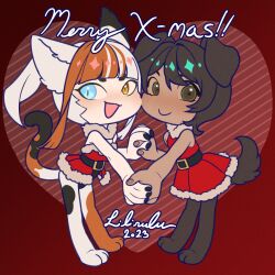  1boy 1girl animal_ears animal_hands belt black_belt black_hair black_nails blue_eyes brown_hair calico_(pattern) cat_ears cat_girl cat_paws cat_tail closed_mouth commentary crossdressing crossdressing_(mtf) degrees_of_lewdity dog_ears dog_paws dog_tail dress english_commentary fur-trimmed_dress fur_trim green_eyes heart heterochromia holding_hands lilirulu multicolored_hair naomi_(lilirulu) open_mouth original player_character_(degrees_of_lewdity) player_character_(female)_(degrees_of_lewdity) red_background robin_(degrees_of_lewdity) robin_(male)_(degrees_of_lewdity) santa_costume santa_dress sleeveless sleeveless_dress smile tail two-tone_hair white_hair yellow_eyes 