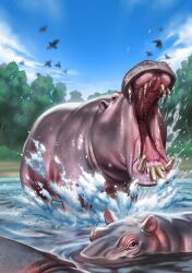  animal animal_focus animalization artist_request bird black_eyes clouds cloudy_sky colored_skin commentary_request game_asset grey_skin hippopotamus hippopotamus_(kemono_friends) kemono_friends no_humans official_art open_mouth outdoors partial_commentary partially_submerged pink_skin recursive_animalization shiny_skin sky splashing tree tusks wading water_drop wet 