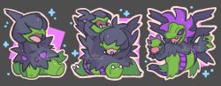  alternate_color artist_name black_fur black_sclera colored_sclera covered_eyes deino_(pokemon) fangs green_fur grey_background hydreigon jewelmoon multiple_heads no_humans open_mouth outline pokemon pokemon_(creature) shiny_pokemon sparkle tail two-tone_fur violet_eyes watermark zweilous 