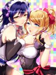  2girls anmiko ayase_eli blonde_hair blue_eyes blue_hair choker detached_sleeves double_bun earrings hair_ribbon hand_on_another&#039;s_face jewelry long_hair love_live!_school_idol_project maid_headdress multiple_girls ponytail puffy_sleeves ribbon sonoda_umi wrist_cuffs yellow_eyes 