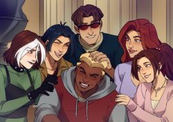  3boys 3girls black_choker black_gloves blonde_hair blue_hair blue_shirt brown_hair choker closed_eyes closed_mouth commentary dark-skinned_male dark_skin english_commentary gloves goth_fashion headpat highres hood hood_down hoodie inuisdrawing jean_grey kitty_pryde kurt_wagner long_hair looking_at_another marvel multicolored_hair multiple_boys multiple_girls open_mouth ponytail red-framed_eyewear red_hair rogue_(x-men) scott_summers shirt short_hair smile spyke_(x-men) streaked_hair sunglasses two-tone_hair white_hair x-men x-men_evolution 