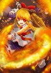  1girl :d absurdres blonde_hair bottle bow fang fire hair_bow highres holding horns ibuki_suika komakinyan open_mouth red_eyes smile solo touhou 